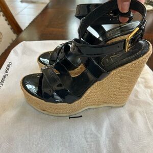 Yves Saint Laurent Black Wedge Sandals with Strappy Design